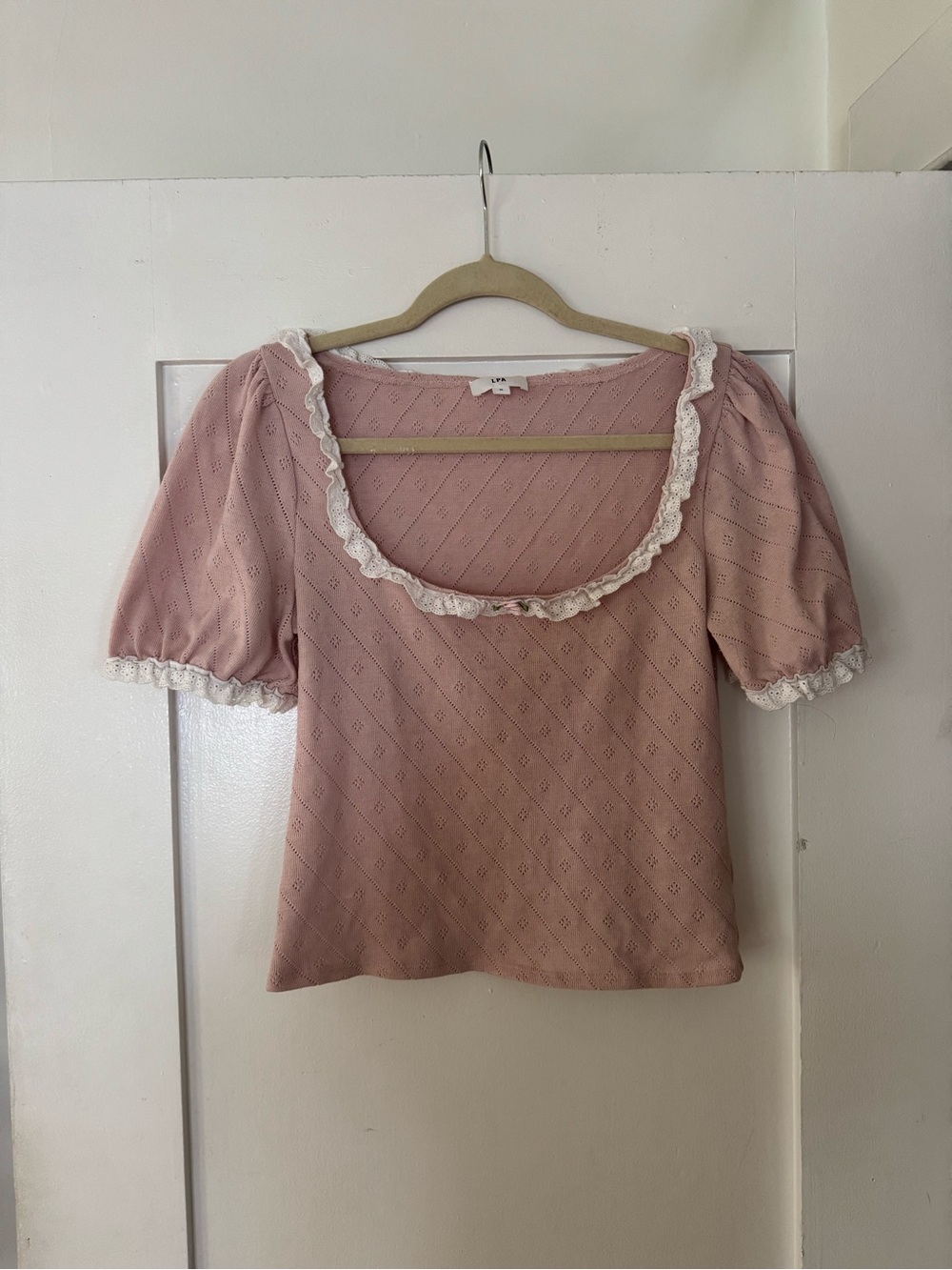 LPA Lace-Trim Pink Square Neck Puff Sleeve Top
